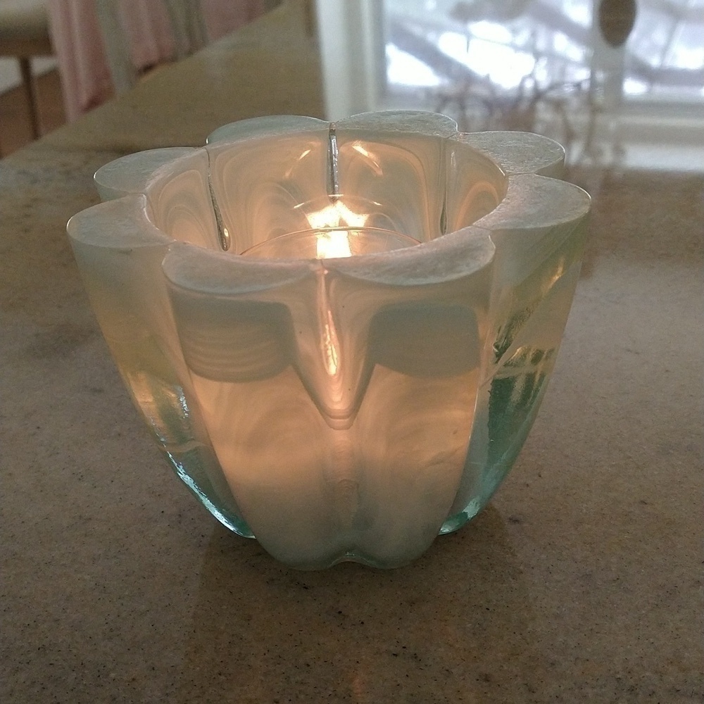 Vintage Art glass fluted aqua blue votive candle holder vase 5" w x 3 1/2" tall